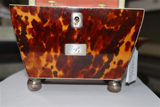 An early 19th century white metal mounted tortoiseshell sarcophagus tea caddy H.15cm, W.15cm
